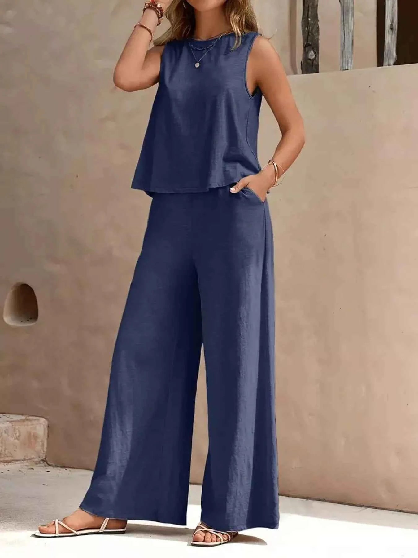 Sleeveless Top and Wide Leg Pants Set Dark Blue 60621cee-6b30-441c-b05a-91c189caf633-Max-Origin