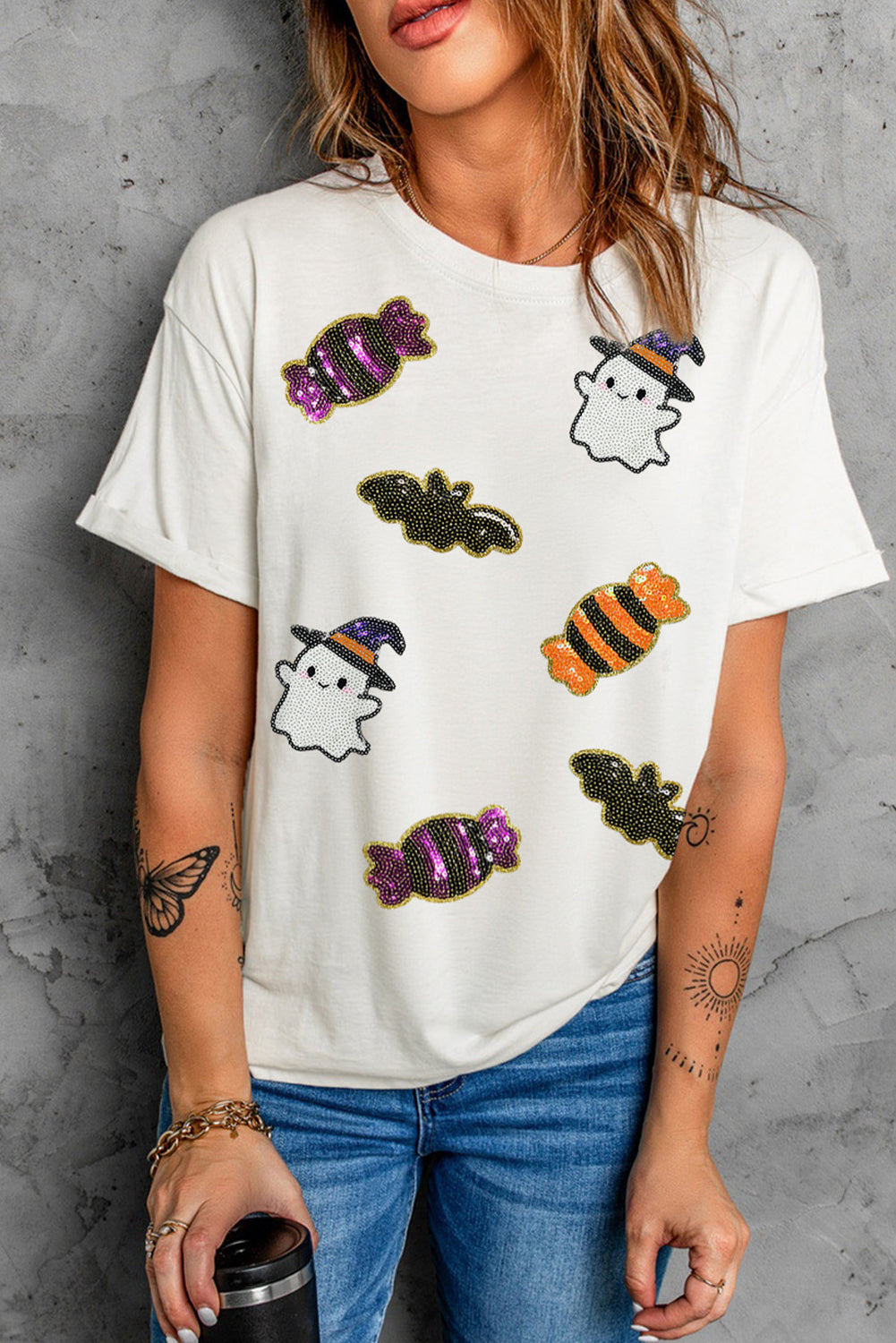 Black Halloween Spirit Pattern Sequins Patch Custom Casual Tee White 62%Polyester+32%Cotton+6%Elastane 60647e1f65a52195