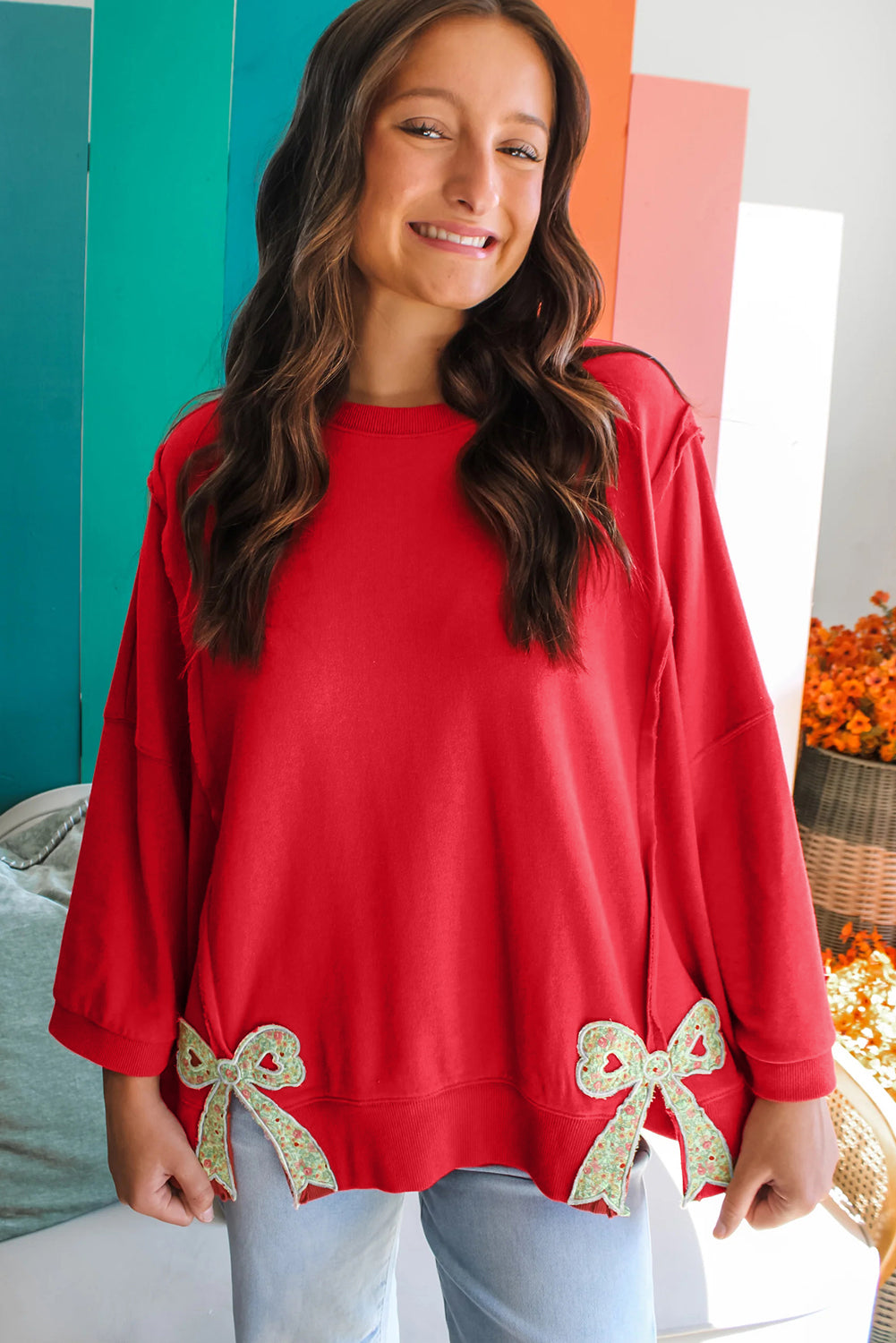 Pink Floral Bow Patched Exposed Seam Patchwork Slit Baggy Sweatshirt 60703340d5a3c763