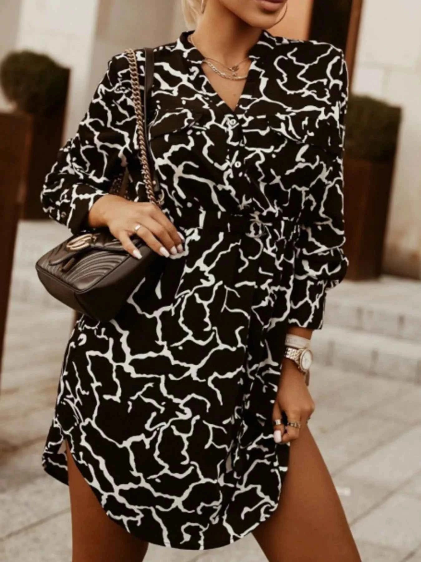 Printed Button Front Long Sleeve Dress Black 6072552d-754b-447c-b772-1dfebef0a2d0-Max-Origin
