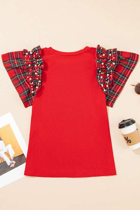 Racing Red MERRY Letter Terry Flocking Pearled Plaid Ruffled Sleeve Patchwork Tee 60731ca2ccb7e00a
