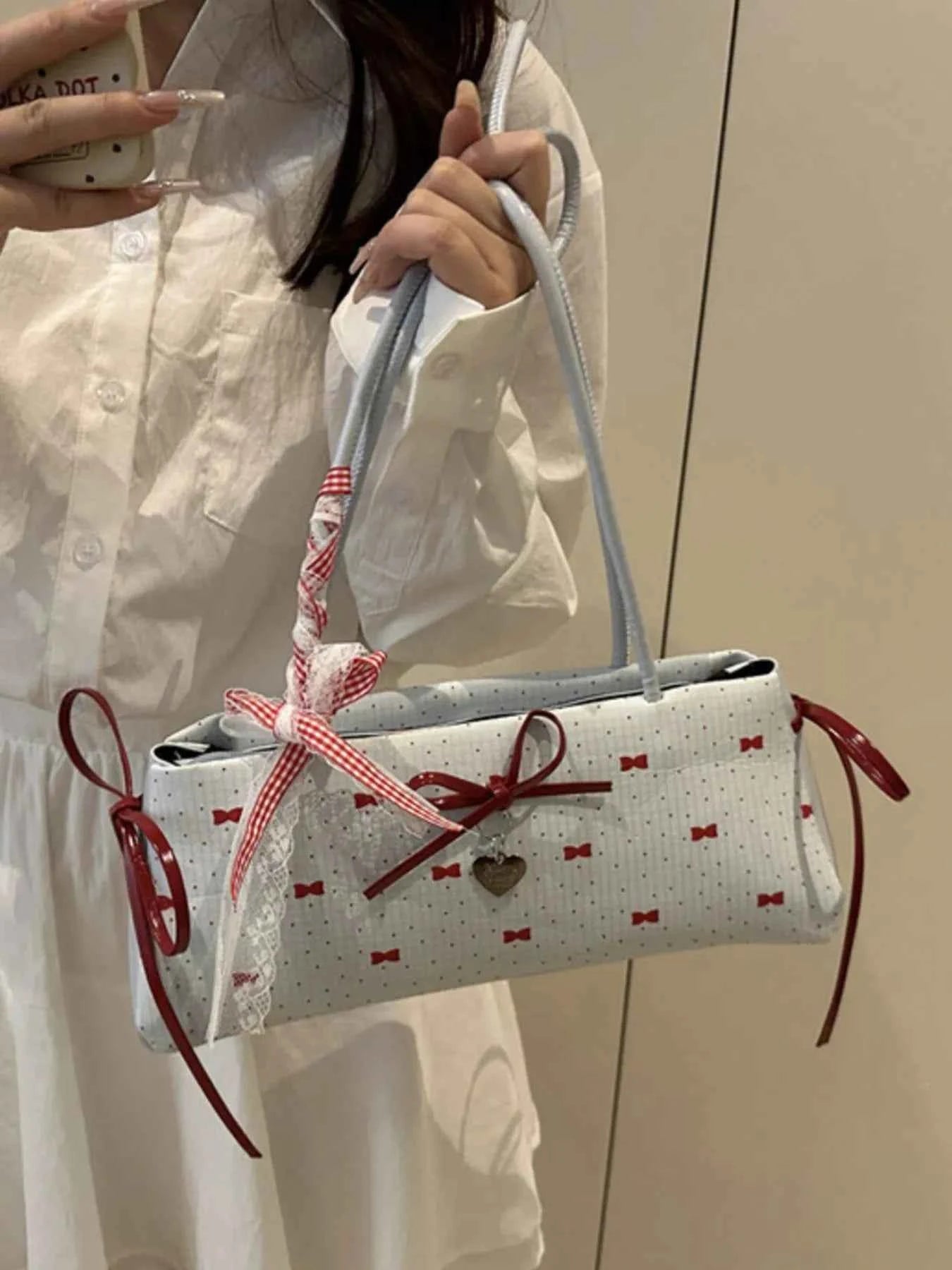 Bow Print Shoulder Bag Blue One Size 6073f04e-284f-4395-a61a-6f693d3e6565-Max-Origin