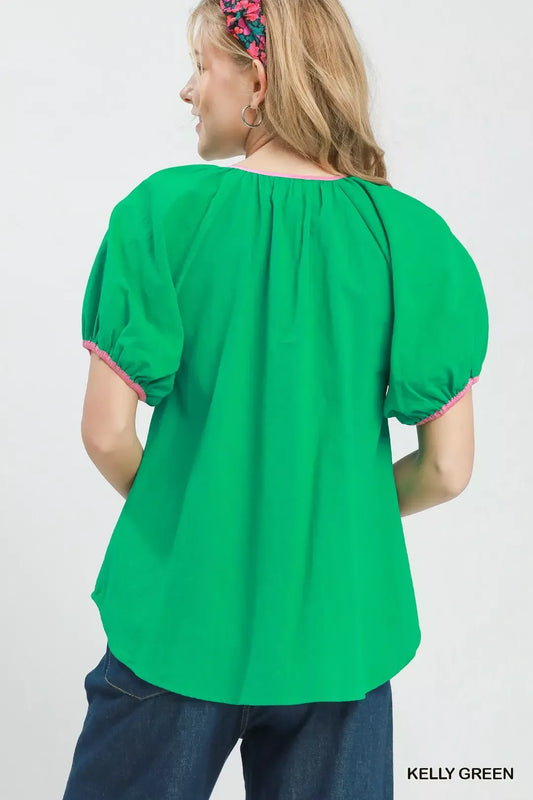 Contrast Trim Button Front Puff Sleeve Blouse 60777783-5e2f-4529-9cab-0a7859105b5e-Max-Origin