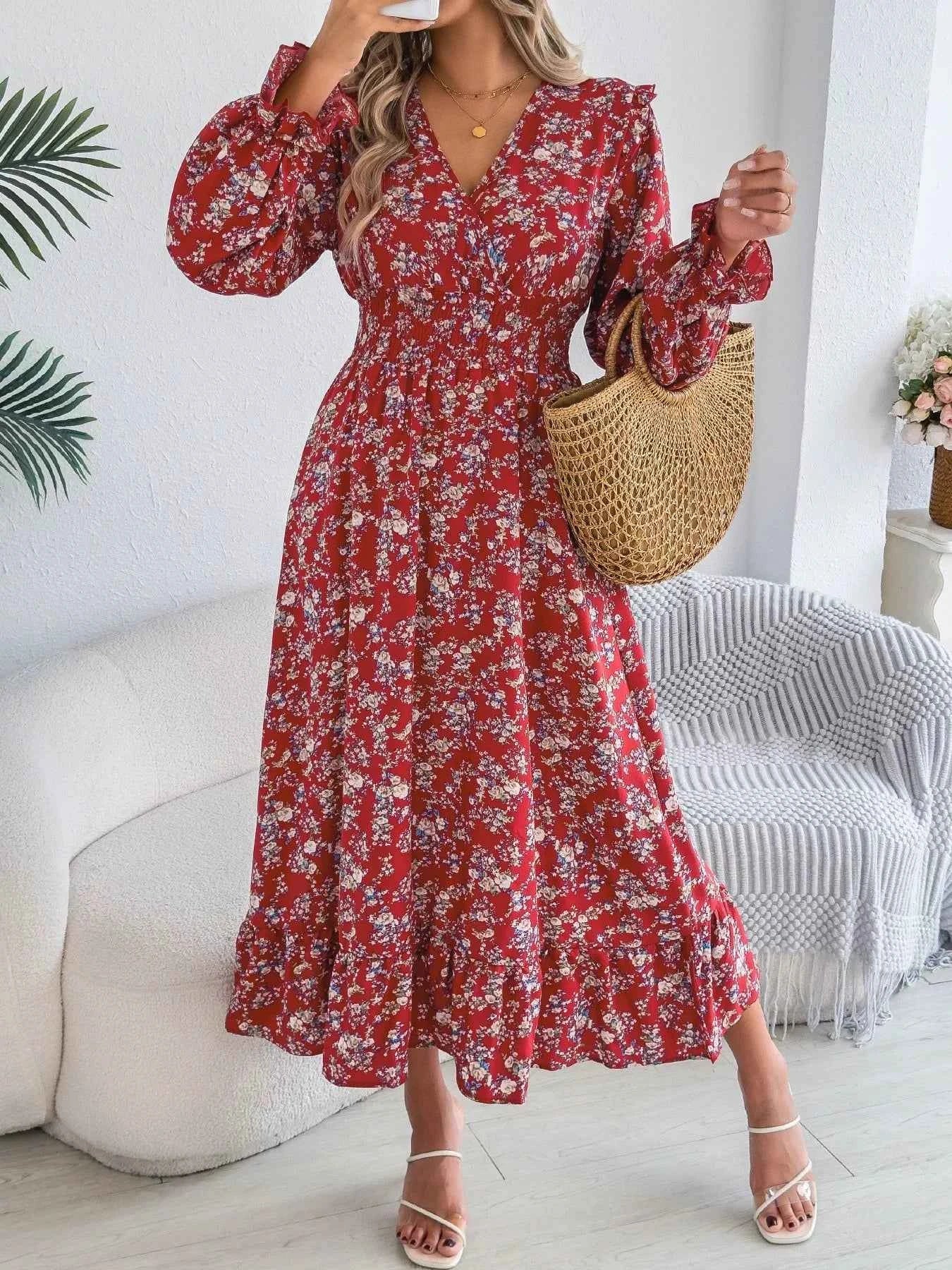 Ruffled Floral V-Neck Flounce Sleeve Dress Red 607bb4f0-1985-4524-b1a9-1765a5cc62d9-Max-Origin