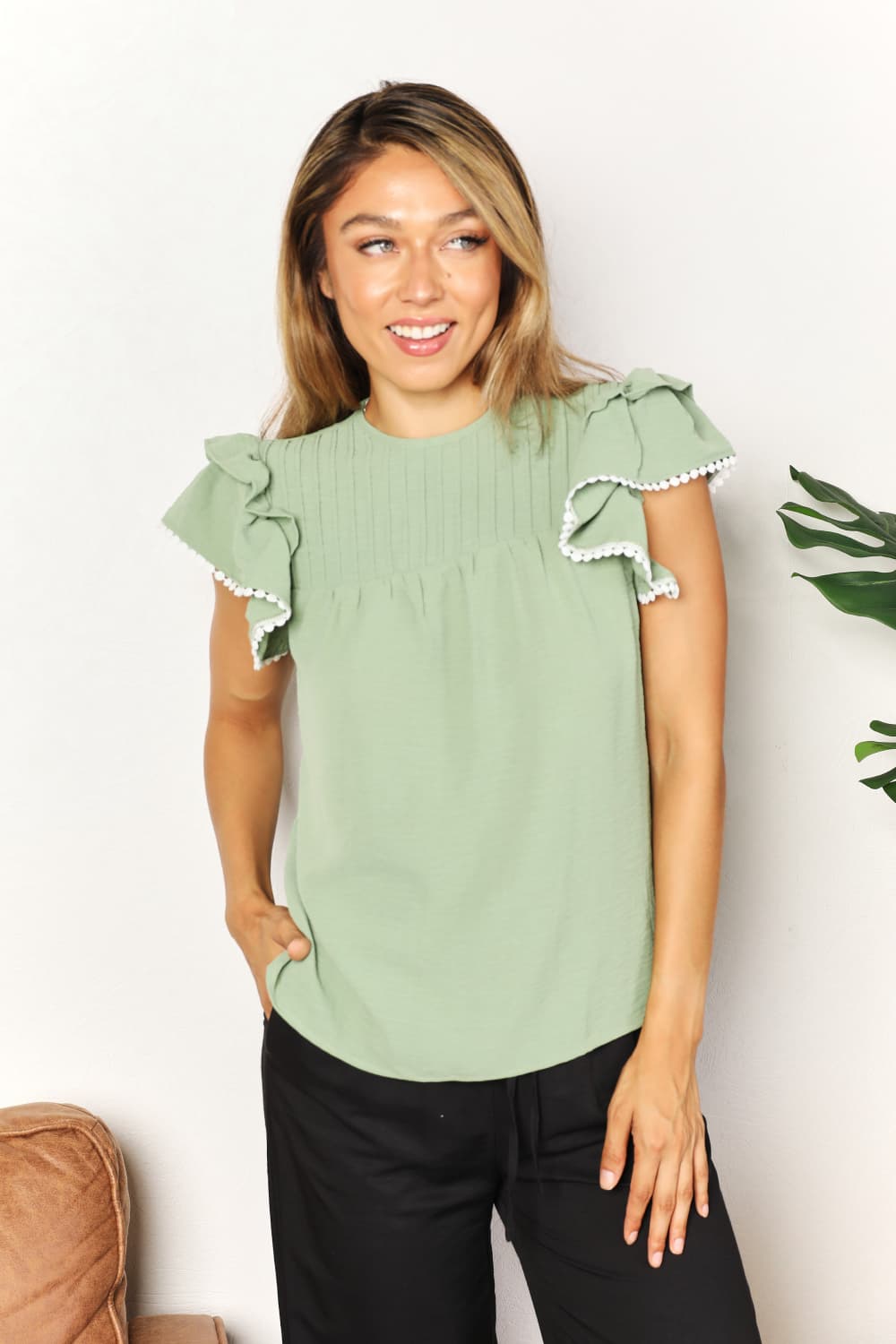 Perfee Pleated Detail Flutter Sleeve Blouse Light Green 607bf7bddf384ccf96e56d9b43d5baa4-Max