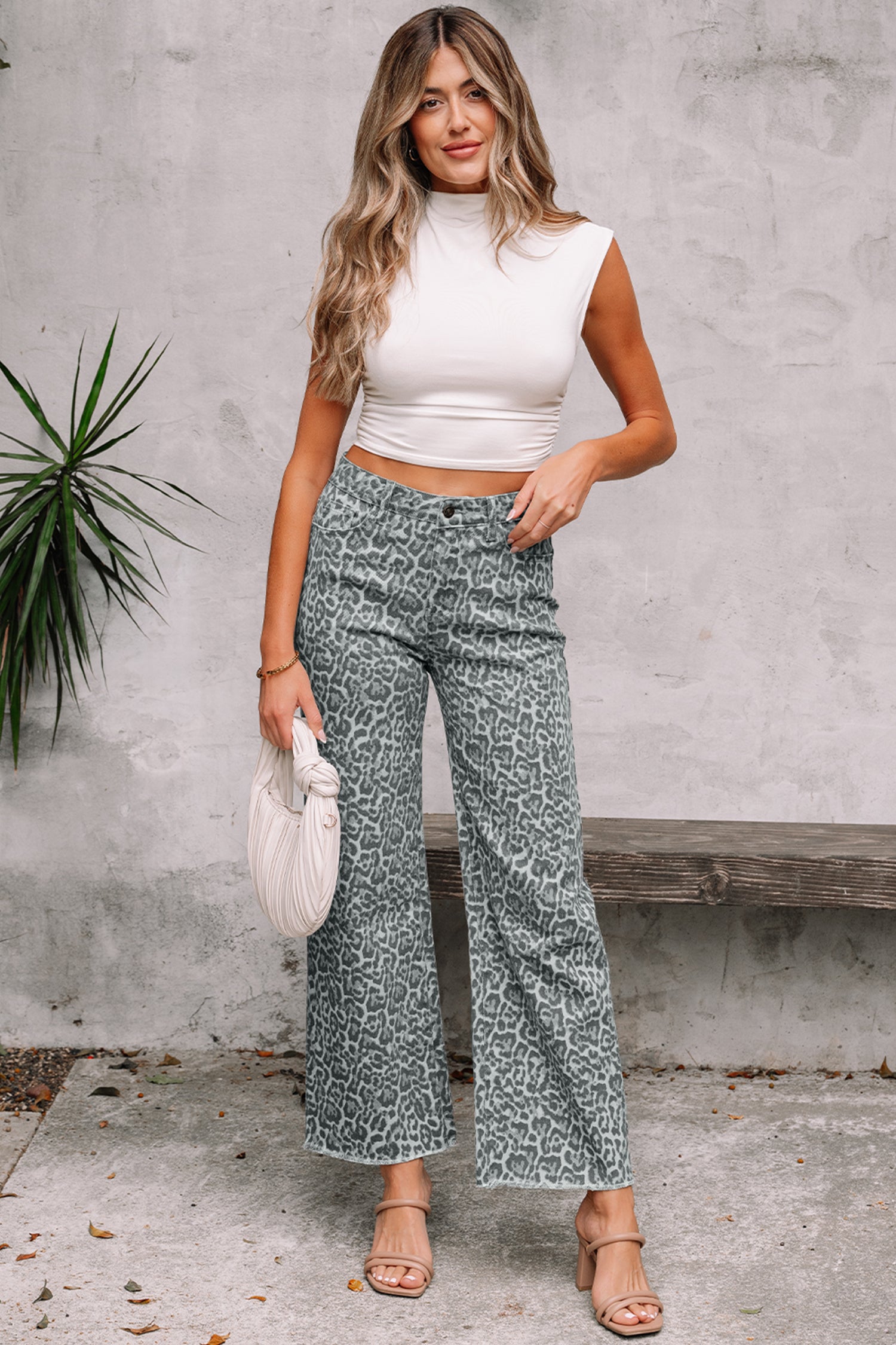 Gray Leopard Frayed Edge Wide Leg High Waist Jeans 60817a9c40dc22a7