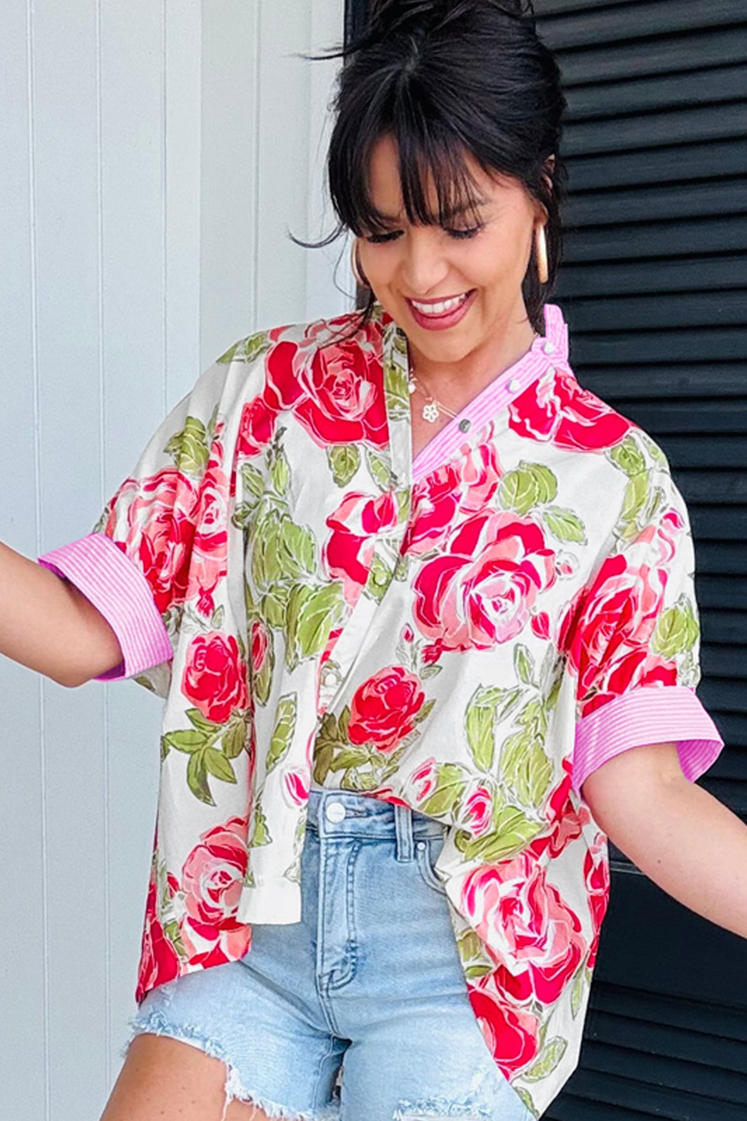 Pink Flower Print Striped Trim Frilled Collar Short Sleeve Shirt 60820442e879721d