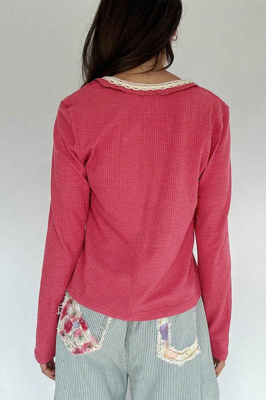 Racing Red Lace Detail V Neck Patchwork Ribbed Top 608341e709403c78