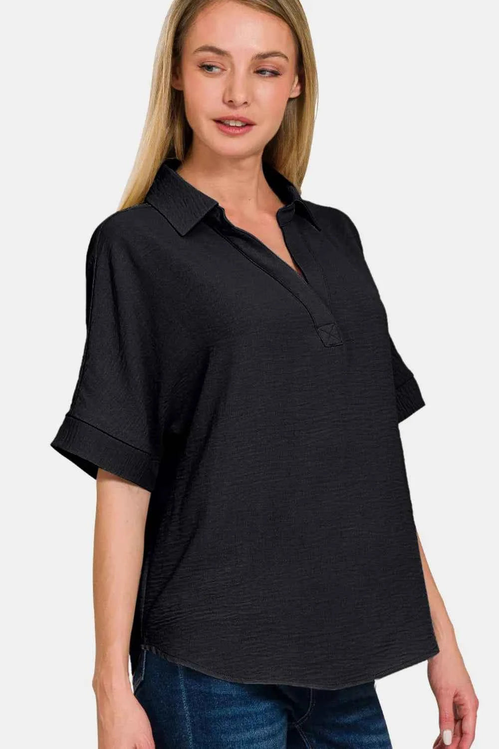 Full Size Texture Collared Neck Short Sleeve Top 608733b3-0d18-476d-9f73-32ab5e7868b8-Max