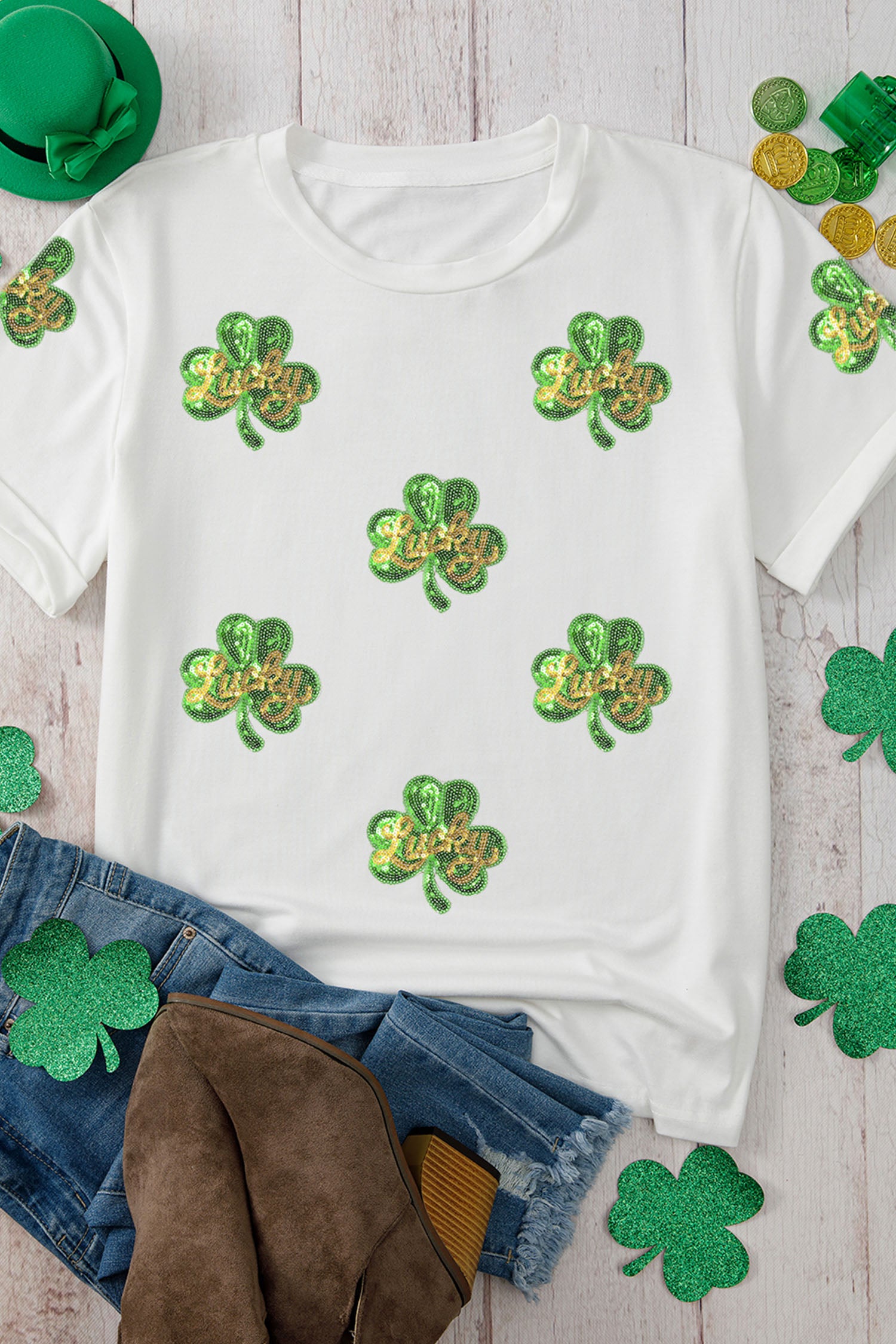 White Sequin Lucky Clover Patched Casual Round Neck Tee 608764d1f8b9f0f4