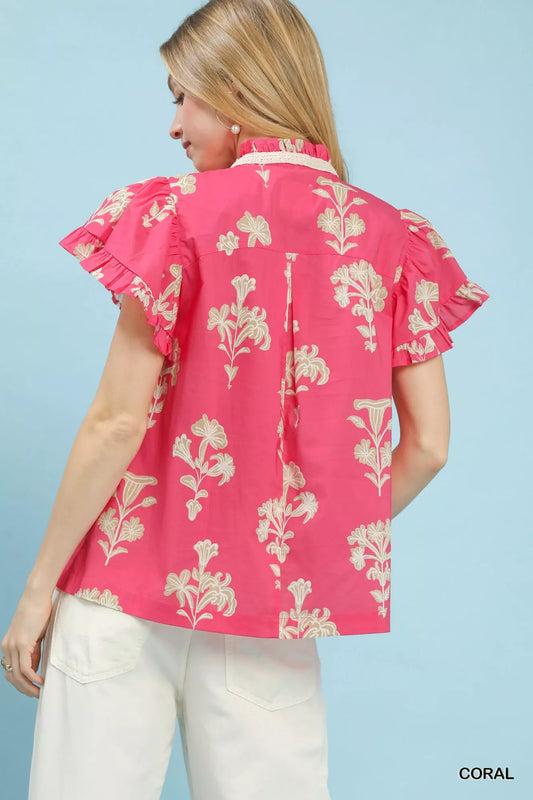 Floral Ruffle Sleeve Split-Neck Top 6088bd9a-20aa-44a1-99af-ad47744a0eba-Max-Origin