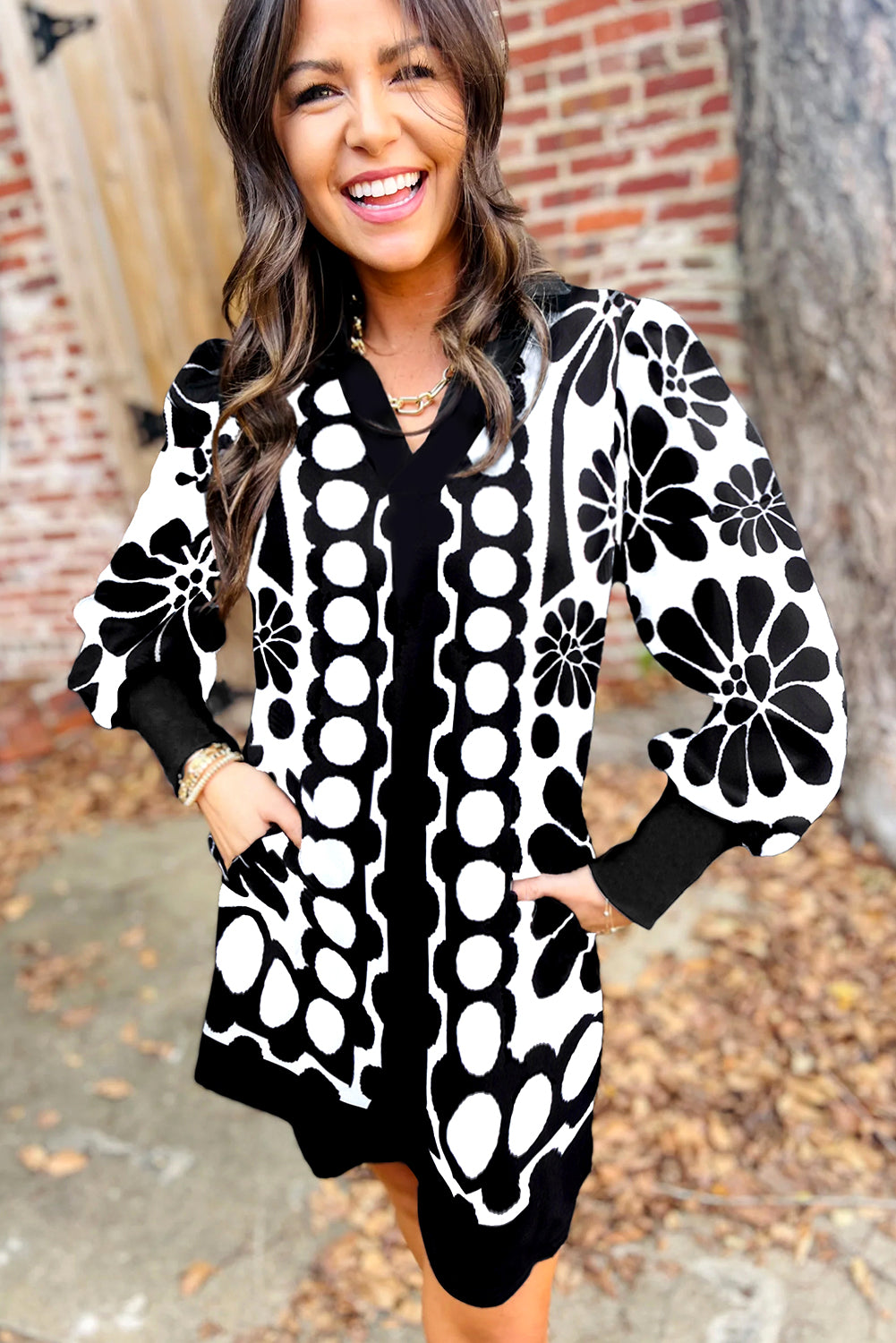 Black Abstract Print V Neck Puff Sleeve Mini Dress 608ea93fd3f3f37c