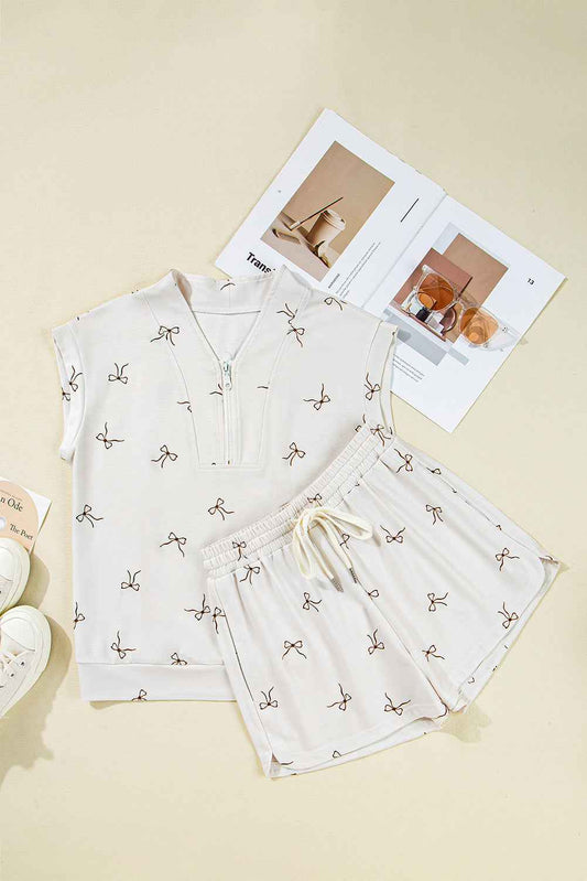 Beige Bow Print Half Zip Tank Top and Shorts Set 608ed5d1a1b11579