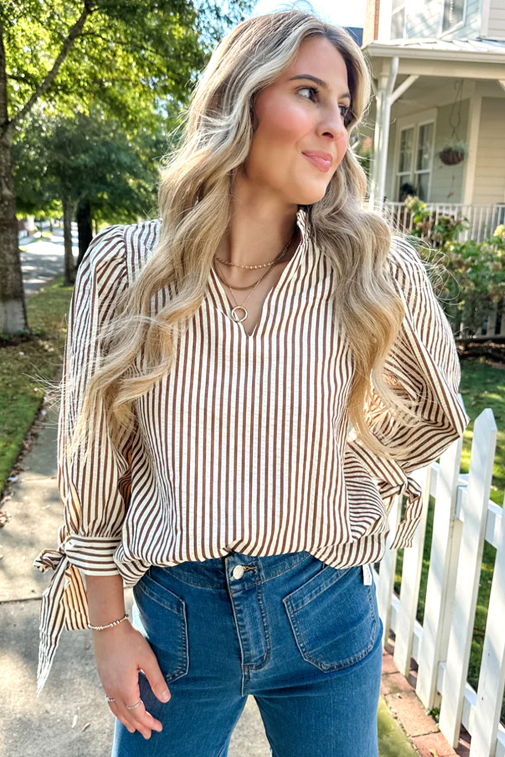 Straw Yellow Striped Frill V Neck Knot Bracelet Sleeve Blouse 609204396695d372