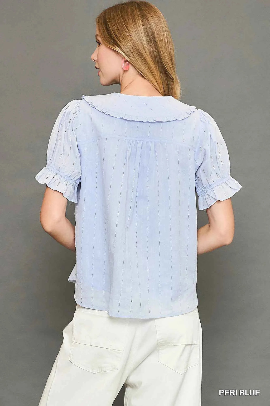 Umgee Peter Pan Collared Button Down Textured Shirt with Ruffled Detail 609230fc-ea92-42dc-bd9e-7f3b32720522-Max-Origin