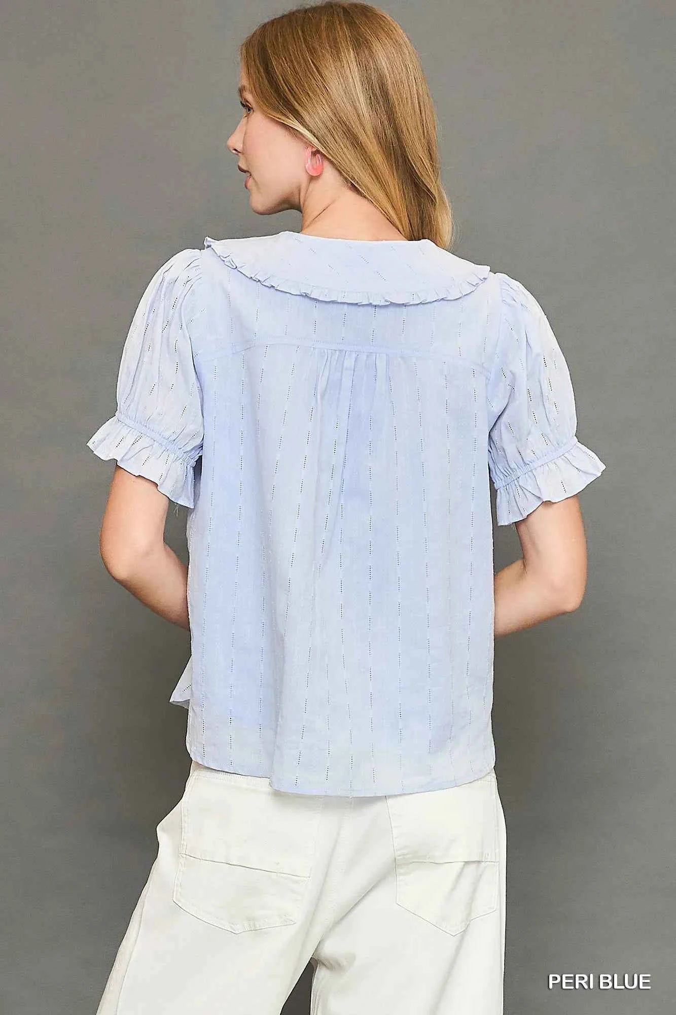 Umgee Peter Pan Collared Button Down Textured Shirt with Ruffled Detail 609230fc-ea92-42dc-bd9e-7f3b32720522-Max-Origin
