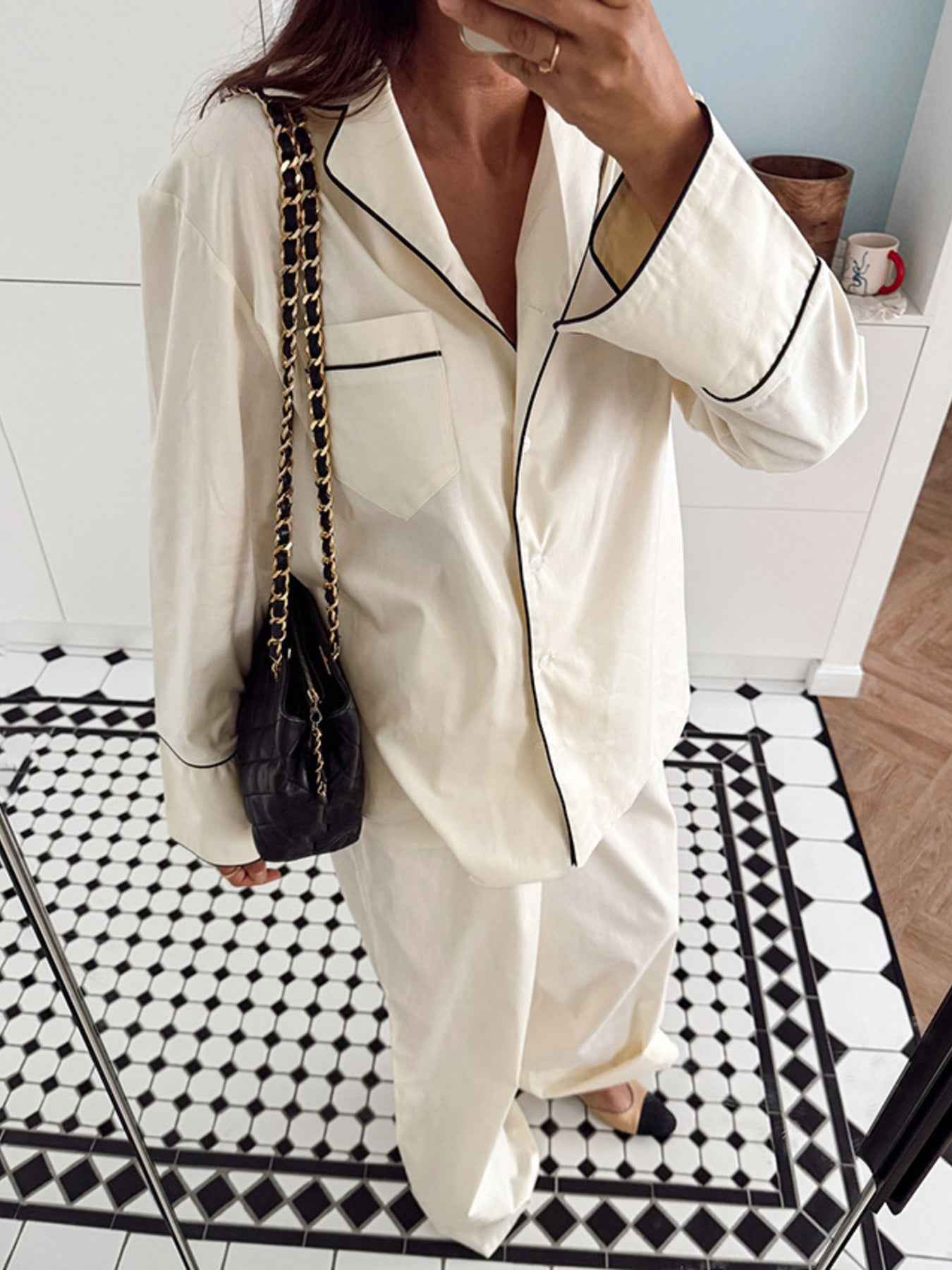 Contrast Trim Button Up Top and Pants Lounge Set 609377eea76d4f96b739c9193c7f2fe9-Max