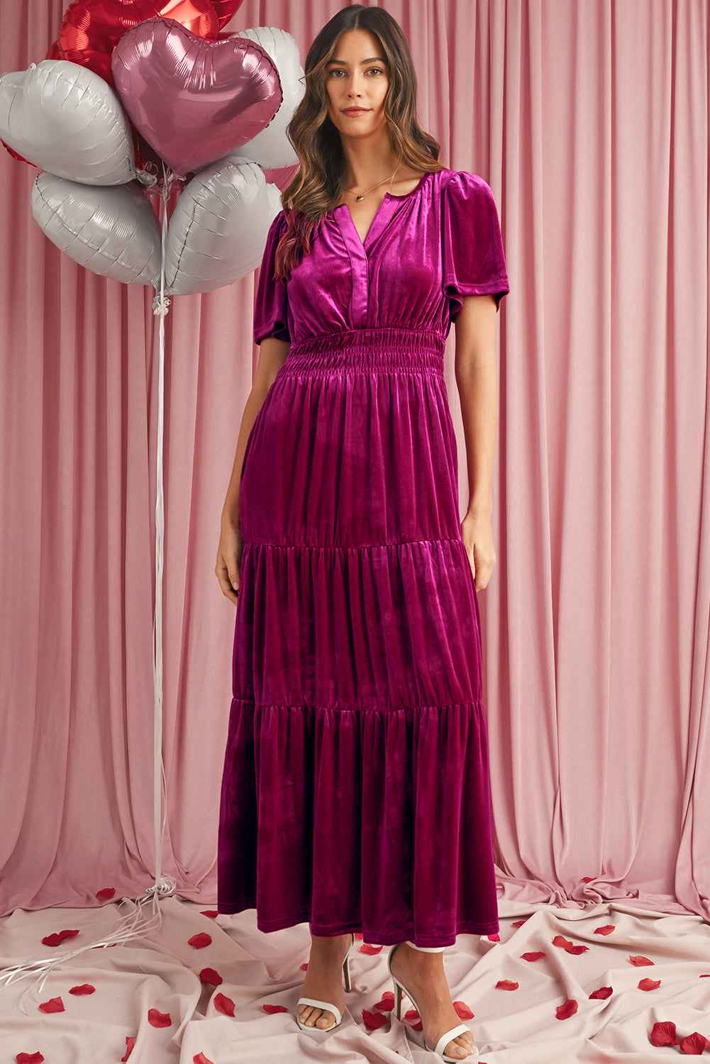 Prussian Blue Velvet Short Sleeve Shirred Waist Tiered Maxi Dress Red Dahlia 95%Polyester+5%Elastane 60944530385516e7
