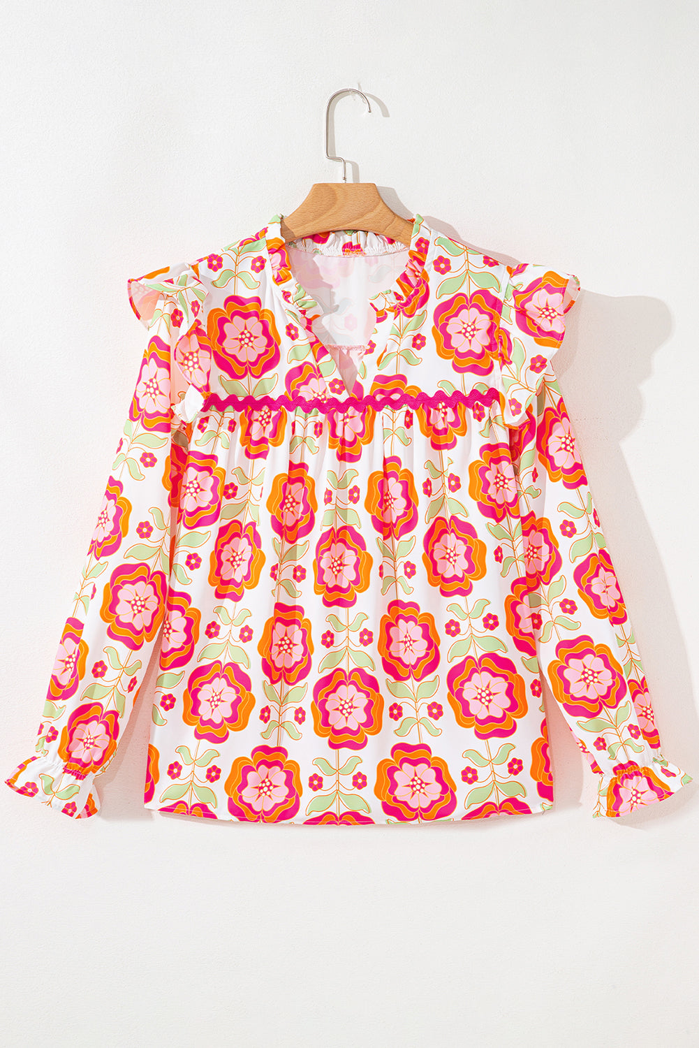 Rose Floral V Neck Ricrac Trim Ruffle Long Sleeve Blouse 609503e662dd4bb8