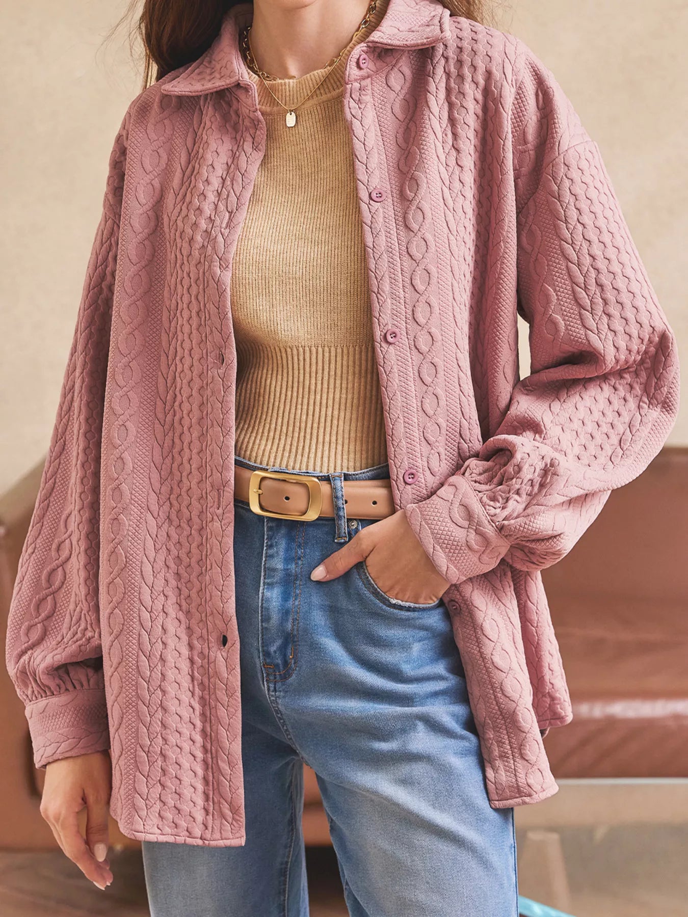 Cable Texture Puff Sleeve Loose Shacket Dusty Pink 6097c89e03c341c8a509c96778748dd2-Max-Origin