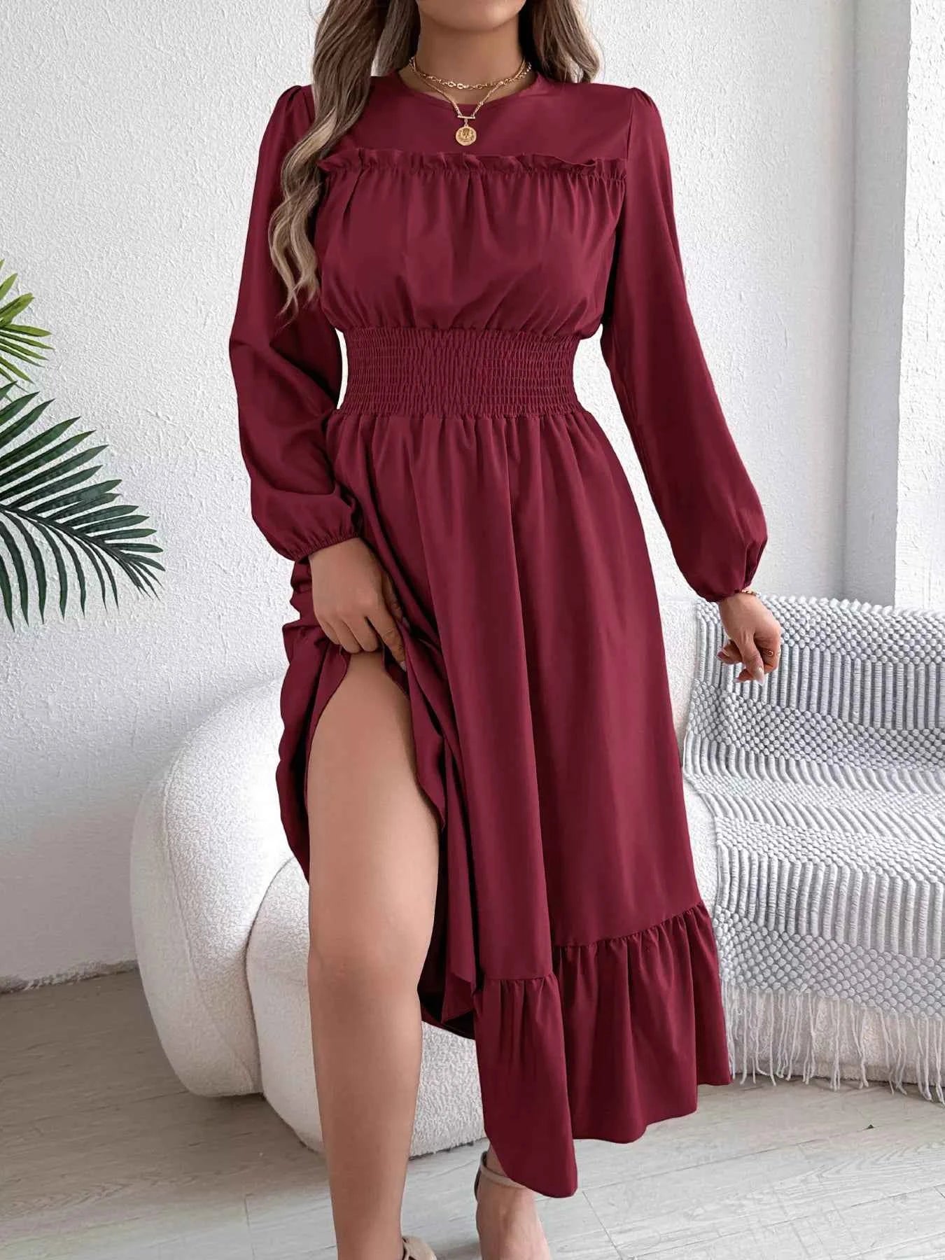 Round Neck Balloon Sleeve Tiered Dress 60a50843524f4392a40f347912f41b82-Max-Origin