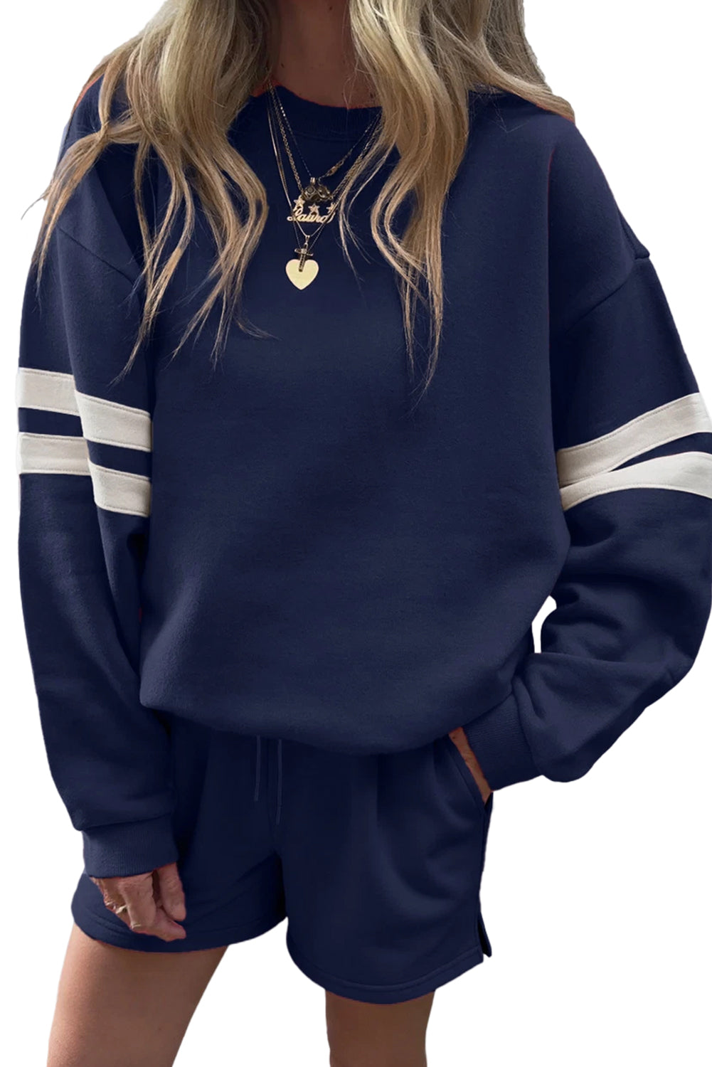 Orange Varsity Striped Sleeve Drop Shoulder Sweatshirt and Shorts Set Navy Blue 65%Polyester+35%Cotton 60a85ddd68892ccb