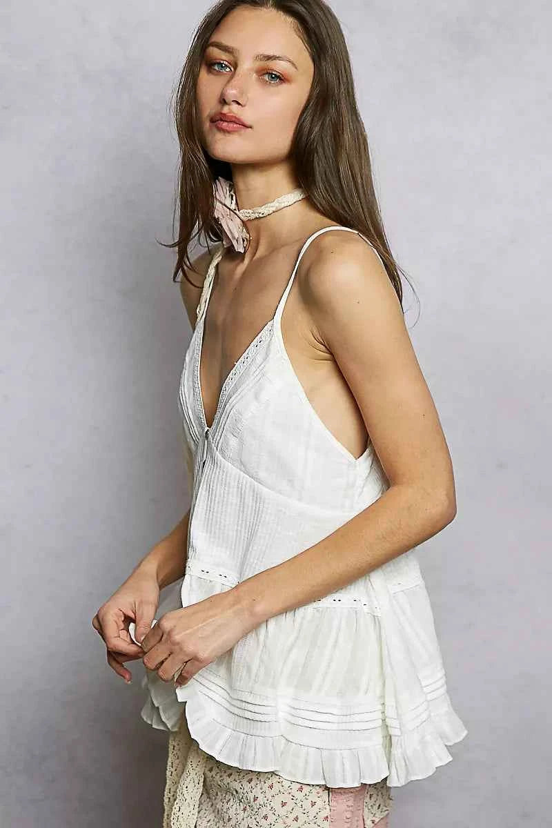 POL Button Front V-Neck Ruffled Cami with Pintuck Accents 60b195e3-2eaa-423b-9b5e-067de8e789dd-Max-Origin