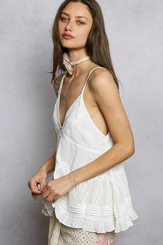 Button Front V-Neck Ruffled Cami with Pintuck Accents 60b195e3-2eaa-423b-9b5e-067de8e789dd-Max-Origin