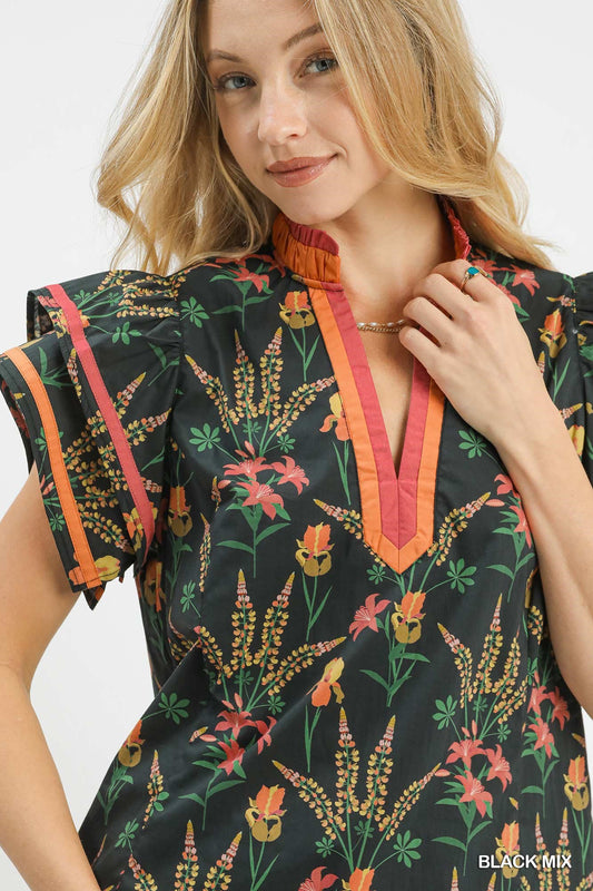 Mix Floral Print Blouse with Contrast Trim 60baeebc-ffc7-4844-855c-5b424aa360fd-Max