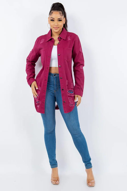 Distressed Button Up Long Sleeve Denim Jacket - 100% Cotton 60bb8e43-7e49-4880-befa-a88c0c7b6d2b-Max
