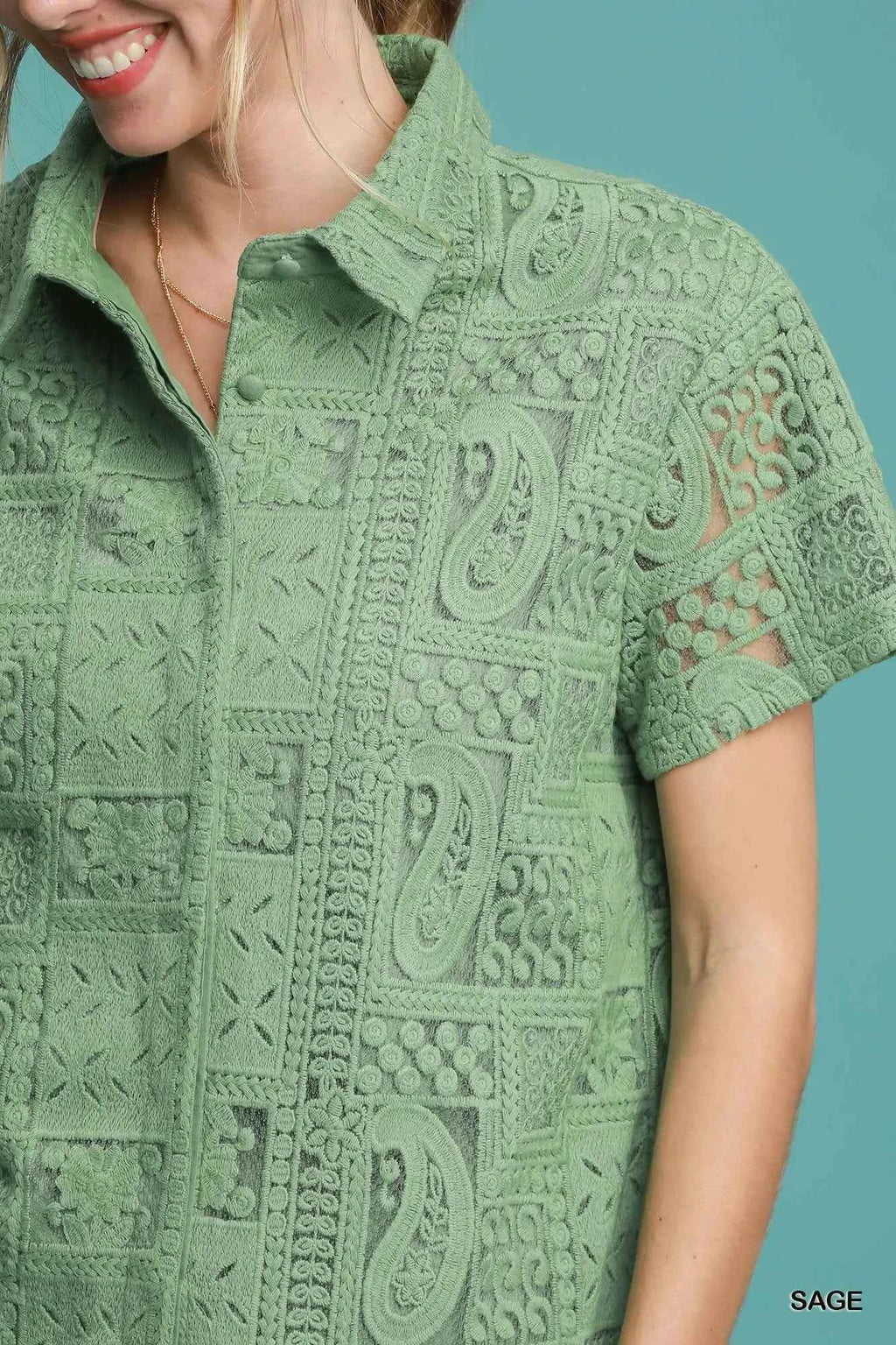 Umgee Patch Lace Short Sleeve Button Down Shirt 60bc31c0-a78e-49bc-a89d-c36b865d0621-Max-Origin