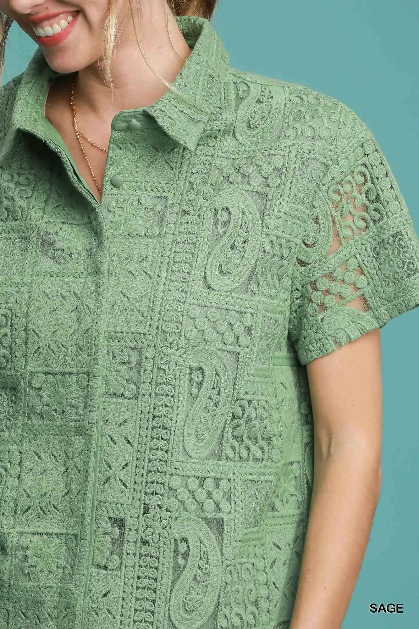 Umgee Patch Lace Short Sleeve Button Down Shirt 60bc31c0-a78e-49bc-a89d-c36b865d0621-Max-Origin