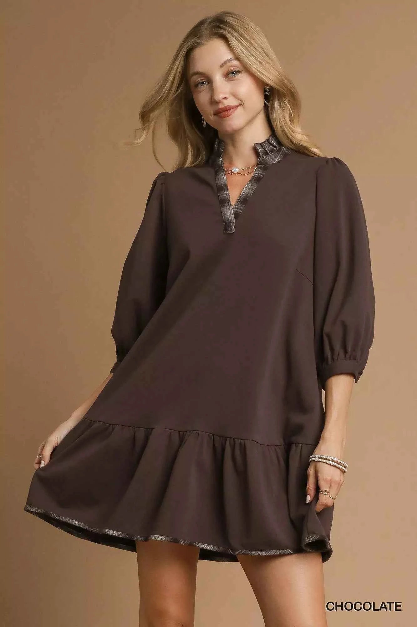 French Terry Ruffle Hem Dress with Plaid Trim Chocolate 60c83b8f-ecf1-45e3-8be7-834a5e572f6a-Max-Origin