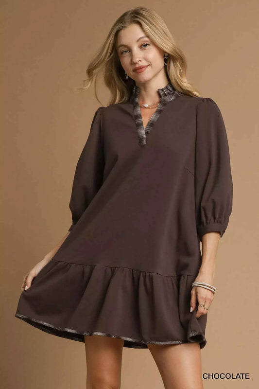 French Terry Ruffle Hem Dress with Plaid Trim Chocolate 60c83b8f-ecf1-45e3-8be7-834a5e572f6a-Max-Origin