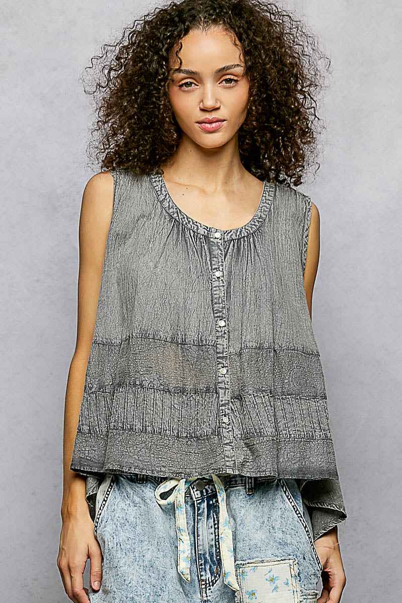 POL Button Down Round Neck Tank with Crochet Contrast CHARCOAL 60c8691d-56f1-4028-9a42-9f57b4001630-Max