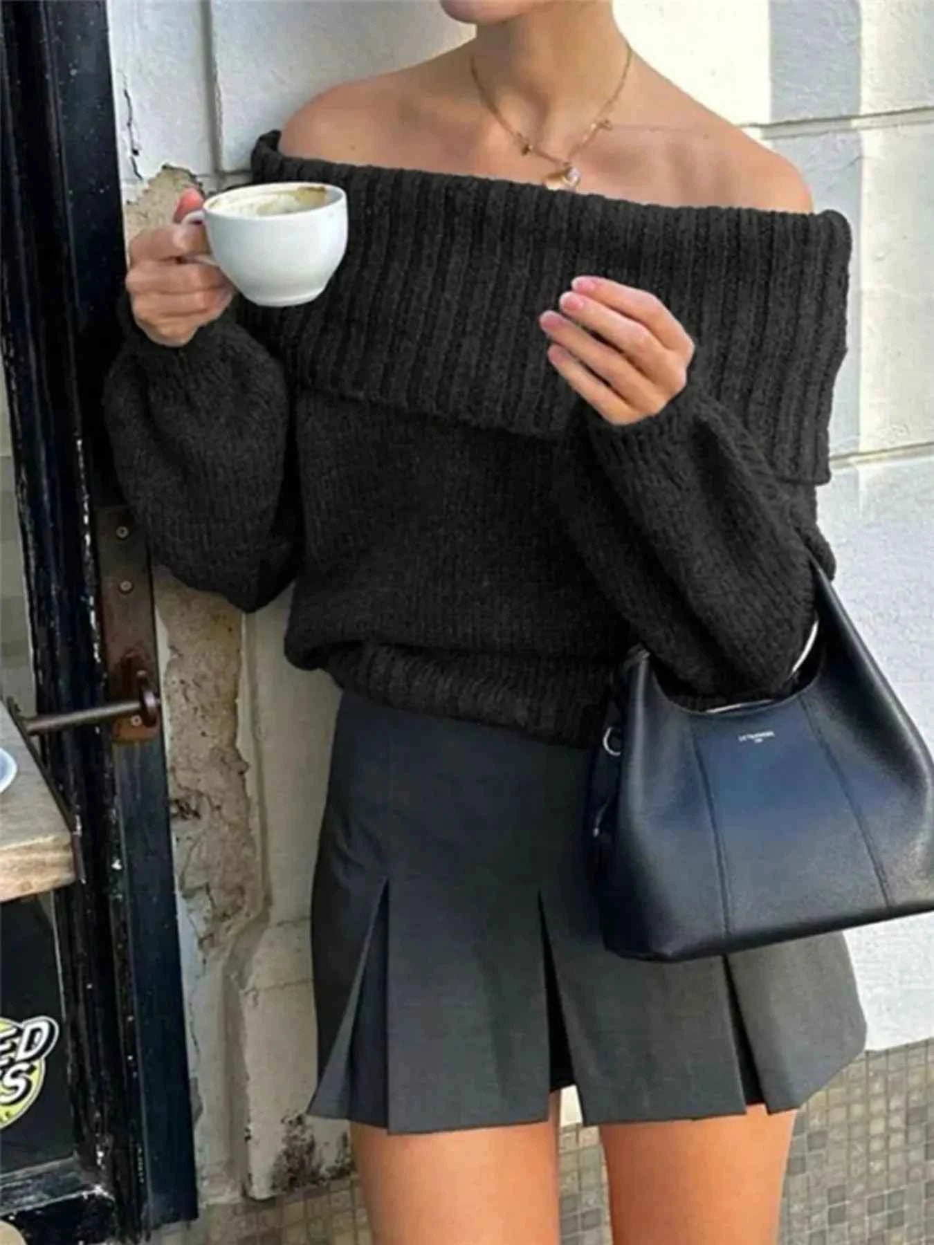 Off-Shoulder Ribbed Long Sleeve Sweater Black 60c90b3d95cb4d758dd69528d0ae1489-Max-Origin