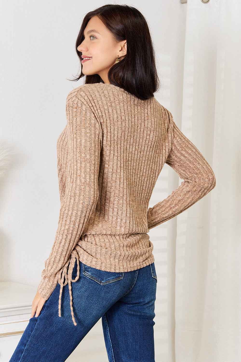 Double Take Drawstring Ribbed Long Sleeve T-Shirt 60ca10f21b6e48b1af7b49d9ef8c28b5-Max