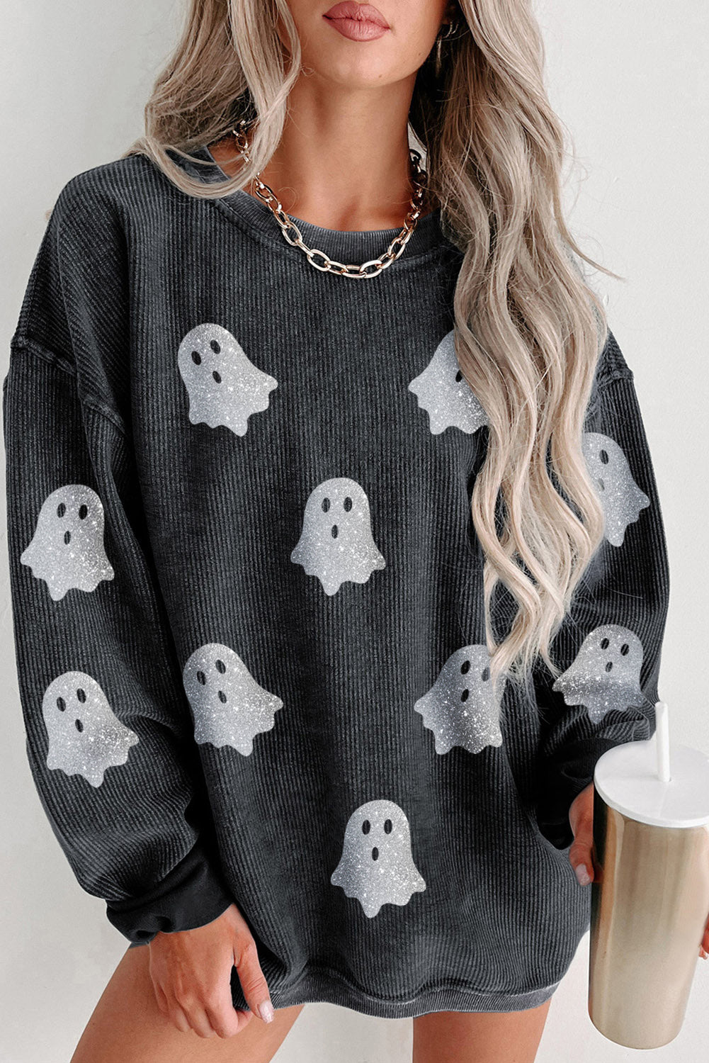 Black Halloween Ghost Corded Crew Neck Loose Sweatshirt 60cc8bb109c02186