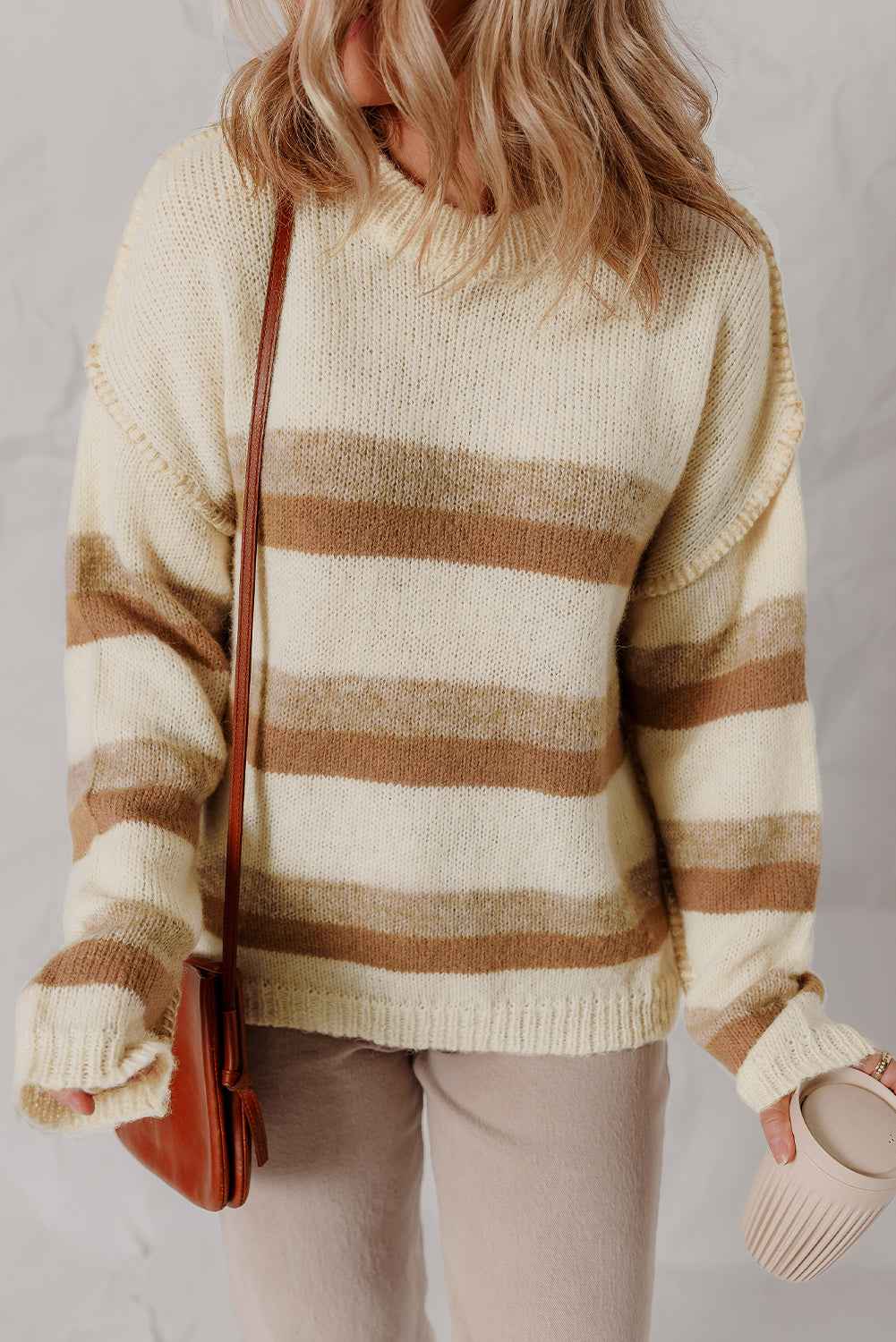 Khaki Stripe Exposed Seam Drop Shoulder Knit Baggy Sweater 60ccf45b51e8e5b6