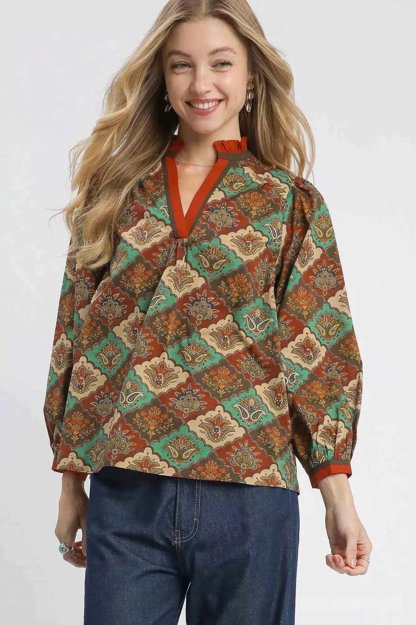 Umgee Abstract Print Ruffle Neck Top TEAL GREEN MIX 60d13278-74eb-4fd2-ba3b-03933d29f2eb-Max-Origin