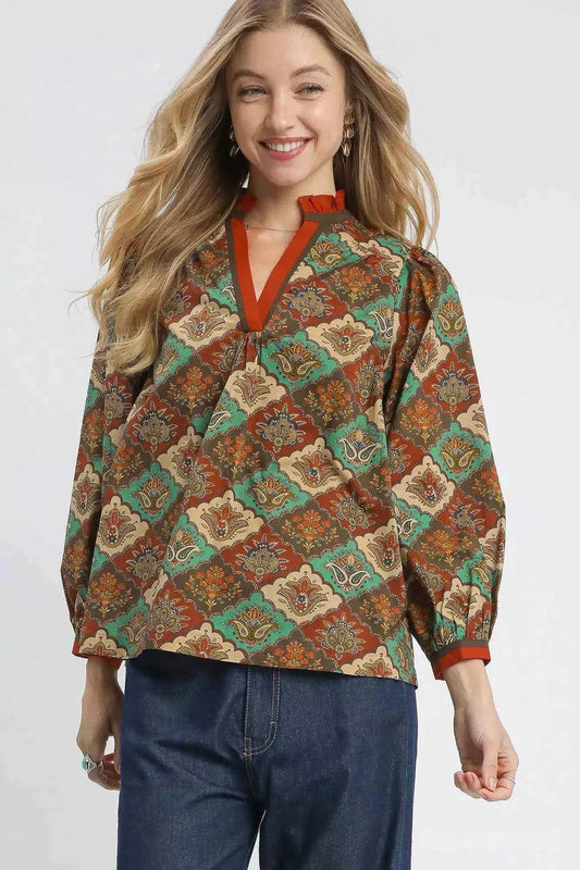 Umgee Abstract Print Ruffle Neck Top TEAL GREEN MIX 60d13278-74eb-4fd2-ba3b-03933d29f2eb-Max-Origin