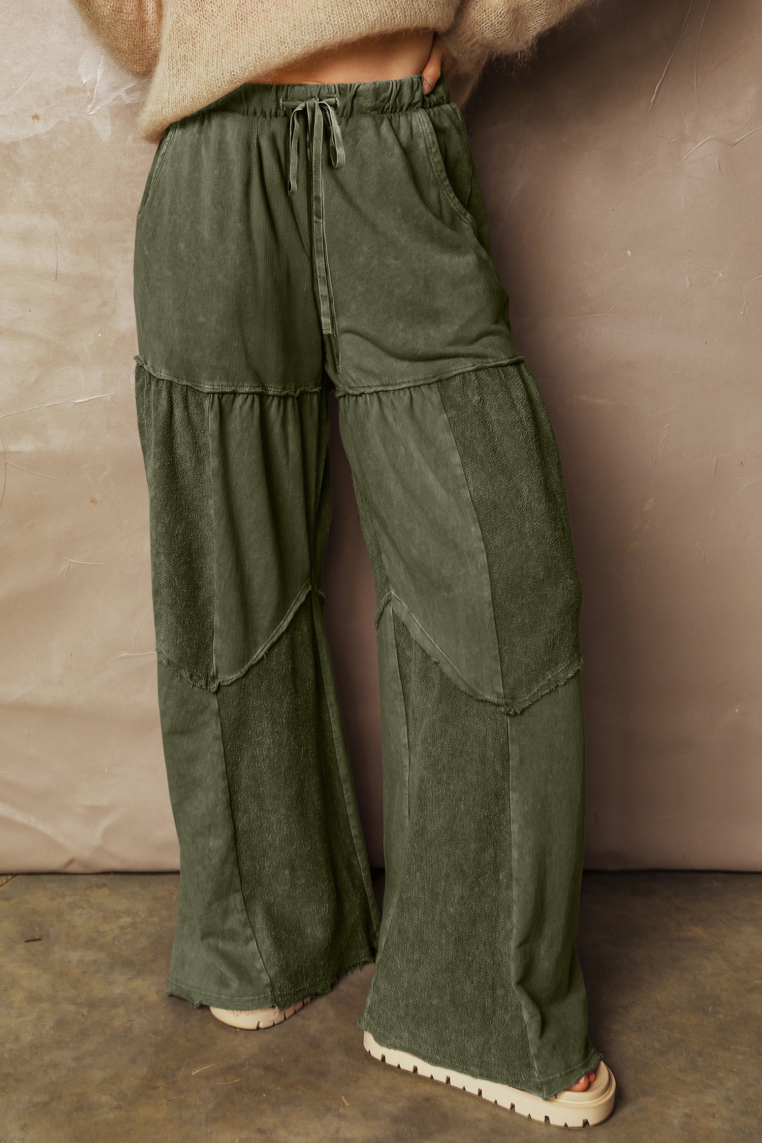 Vineyard Green Mineral Wash Tiered Wide Leg Patchwork Drawstring Pants 60db8c9ff44ae6b1