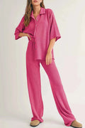 Solid Color Textured Buttoned Shirt and Casual Pants Set Strawberry 60dc4bdd-7935-4117-82d2-9199d9c1e053-Max-Origin