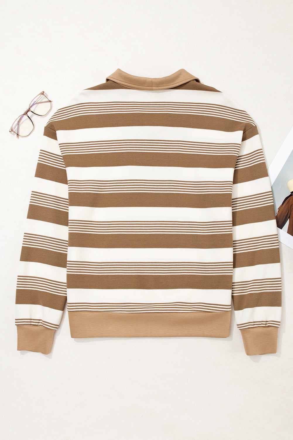 Khaki Striped Zipper Collar Pullover Sweatshirt 60e0d413617dd407