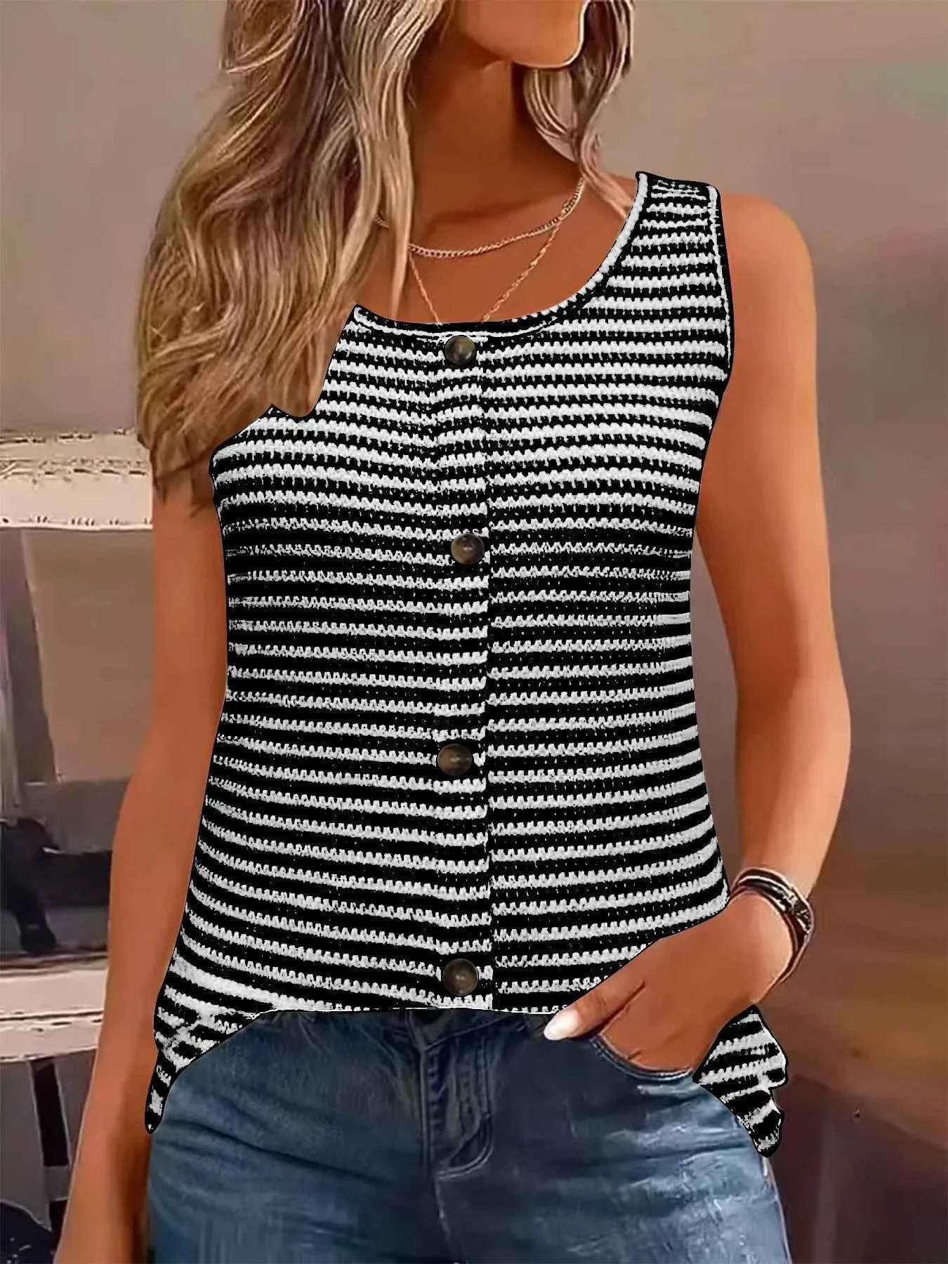 Striped Round Neck Tank Top Black 60e126fa-4944-4f26-a660-57f0b2b0bd04-Max-Origin