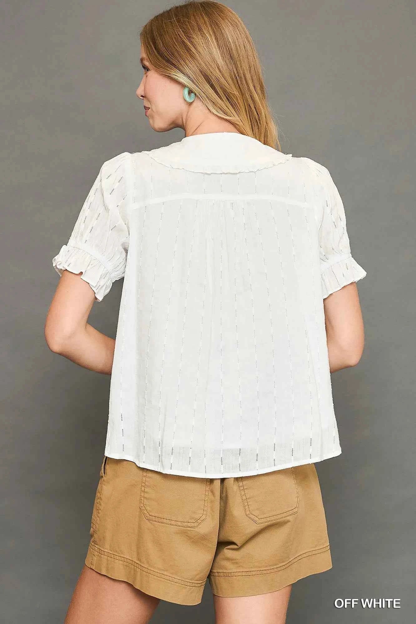 Umgee Peter Pan Collared Button Down Textured Shirt with Ruffled Detail 60e8c38c-03c9-42a1-8430-80153ae93cf9-Max-Origin