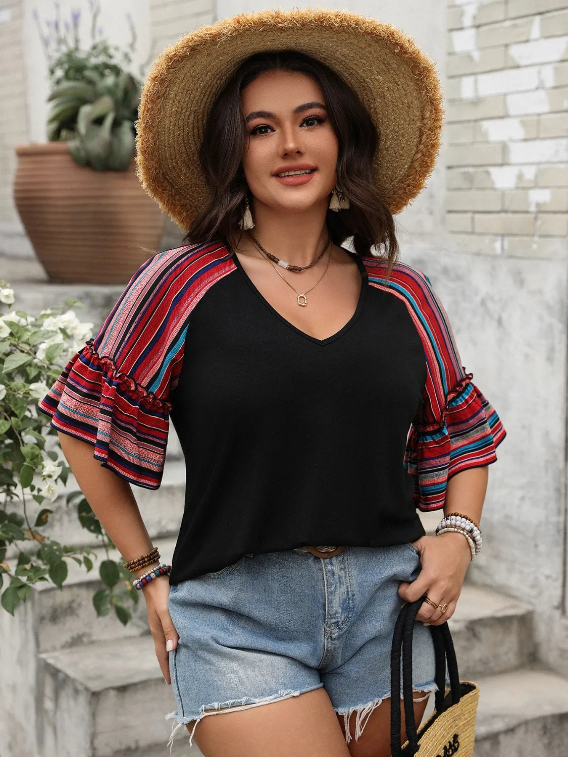 Plus Size V-Neck Flounce Sleeve Top 60ea7ba6-ce37-475c-ac92-cc0e6c144166-Max-Origin