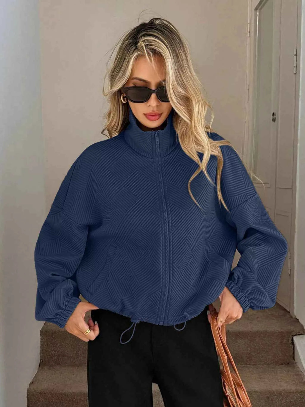 Drawstring Hem Textured Long Sleeve Jacket 60eb49fe7ba74789ad319ebc46fbade3-Max-Origin