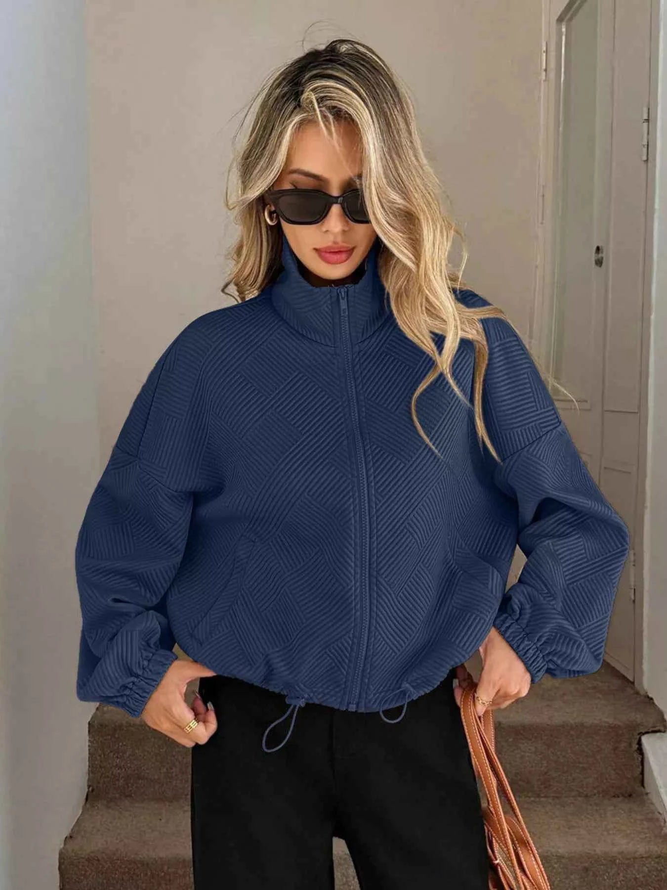 Drawstring Hem Textured Long Sleeve Jacket 60eb49fe7ba74789ad319ebc46fbade3-Max-Origin