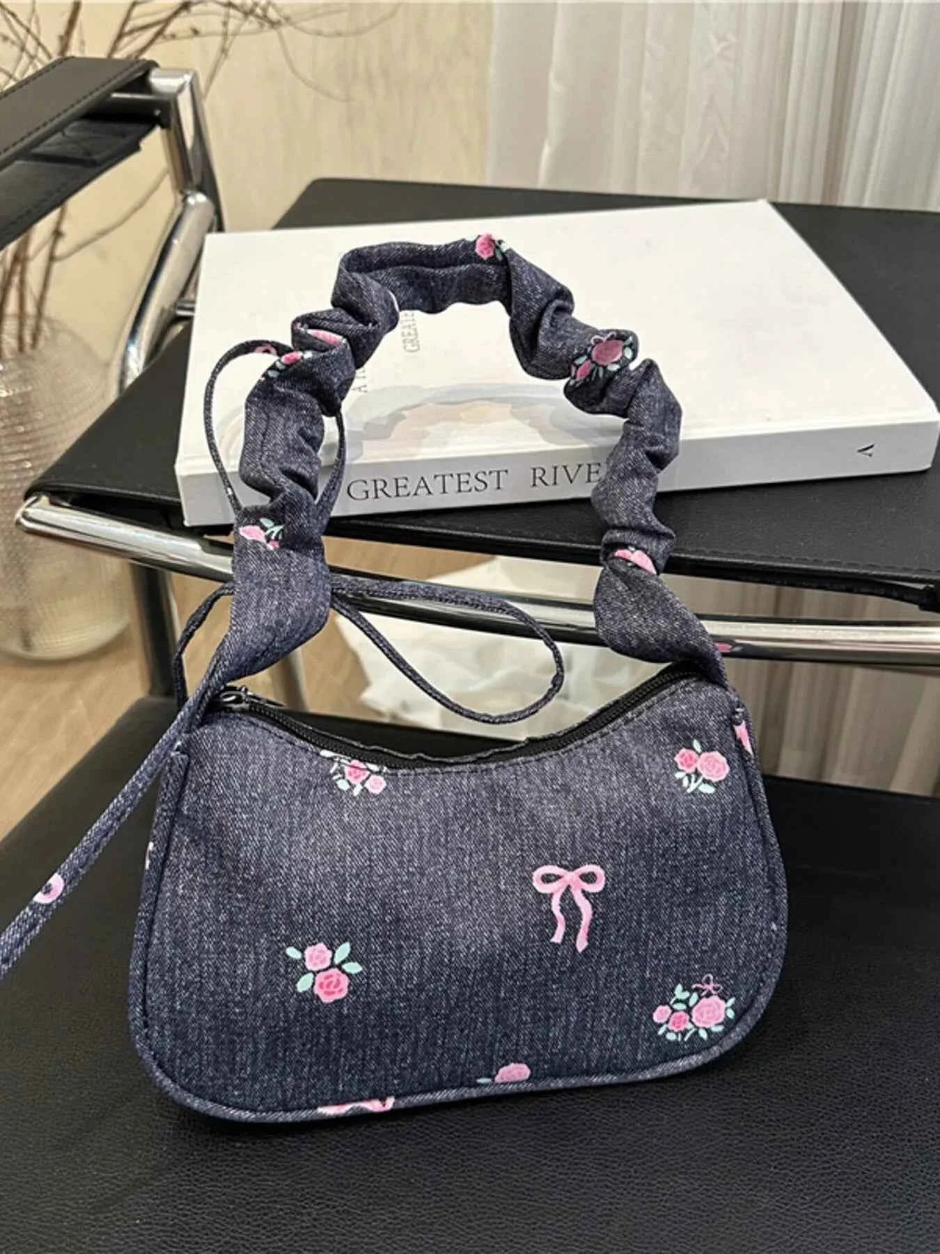 Embroidered Ruched Strap Shoulder Bag Dark Blue One Size 60ecc04bb46a4f2badd5ce40ed6d7c38-Max-Origin